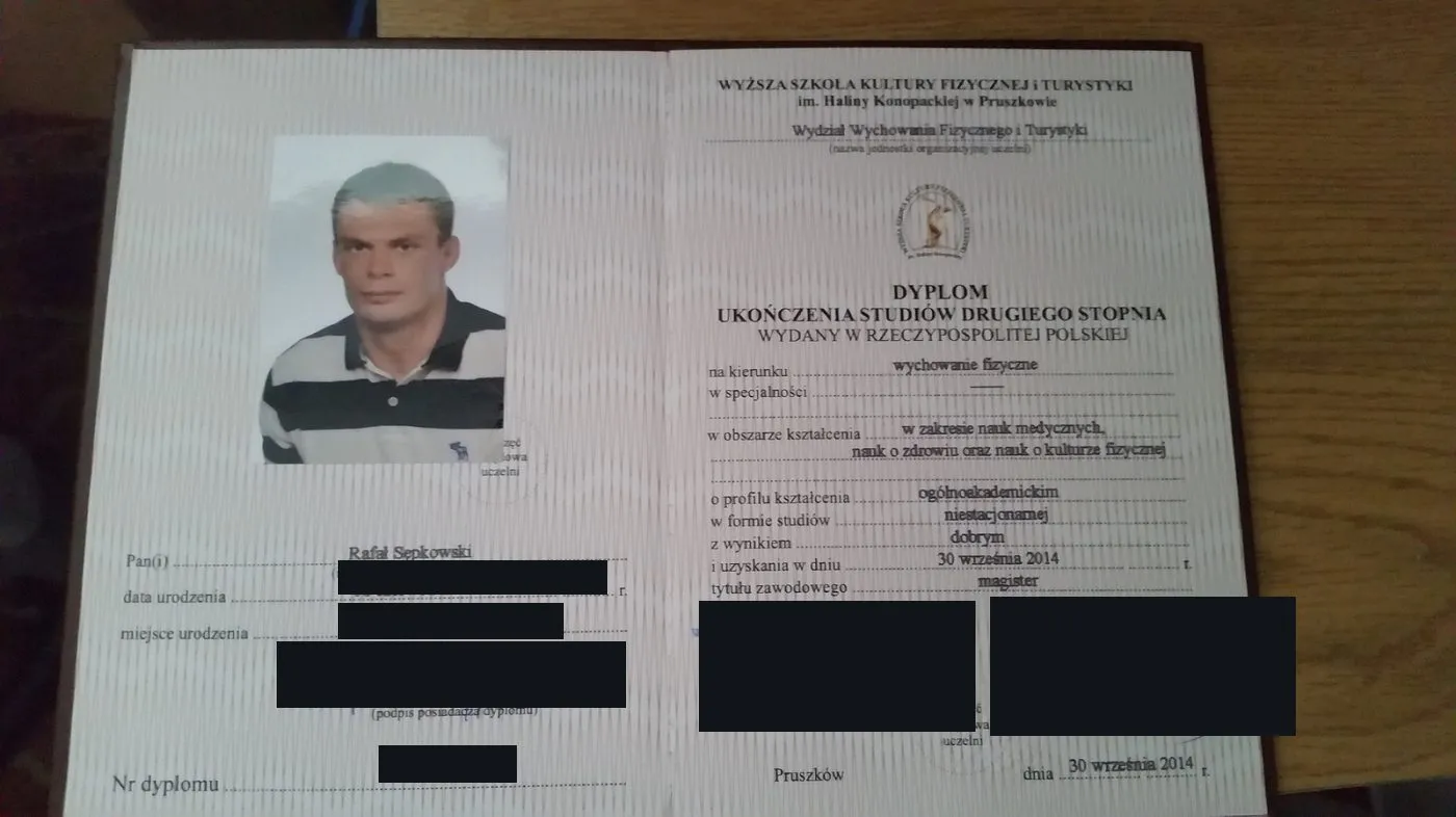Dyplom ukończenia studiów drugiego stopnia na kierunku wychowanie fizyczne